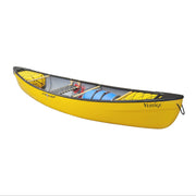 Yellow canoe with seats and accessories installed on a white background.