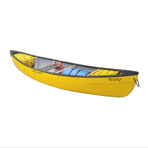 Yellow canoe with seats and accessories installed on a white background.