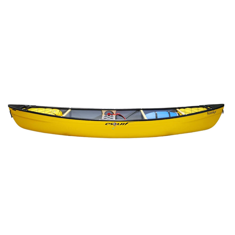 Side view of a yellow canoe with seats and accessories installed on a white background.