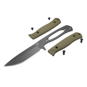 Knife with green handle and black blade on a white background