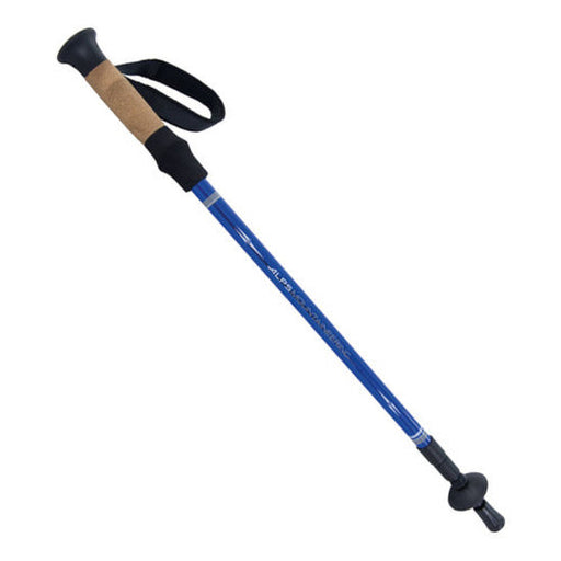 Blue hiking pole with cork handle on a white background