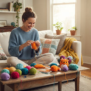 A lady crocheting a cute fox plushy in her living room. 