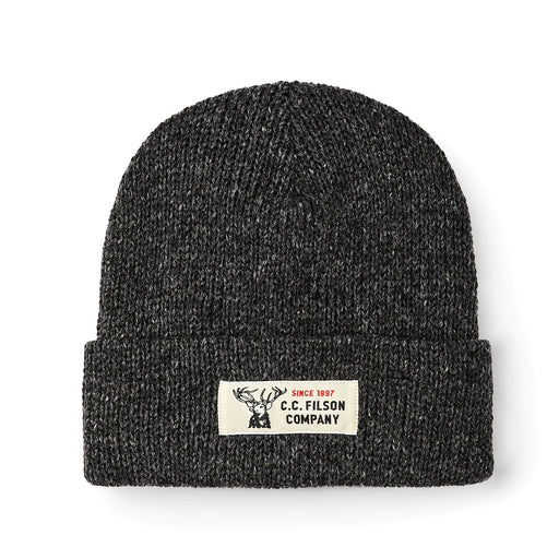Dark gray beanie featuring a Filson logo against a white background. 
