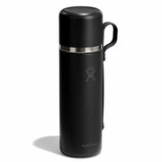 Black thermos with silver lid on a white background