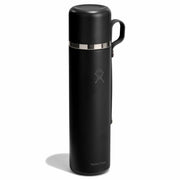 Black thermos bottle with silver band on a white background