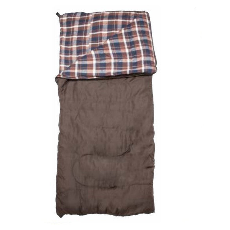 A brown sleeping bag with brown, rust, blue, and white plaid lining, with the corner turned down, on a white background
