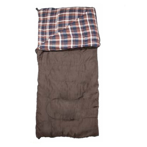 A brown sleeping bag with brown, rust, blue, and white plaid lining, with the corner turned down, on a white background