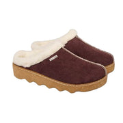 Pair of aubergine slippers with white fur lining on a white background