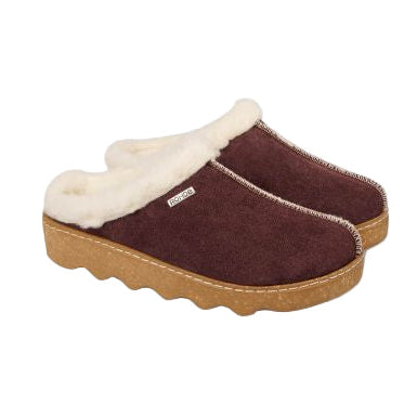 Pair of aubergine slippers with white fur lining on a white background