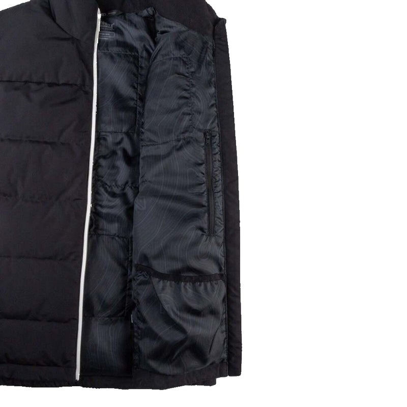 Black puffer jacket with a white zipper on a white background