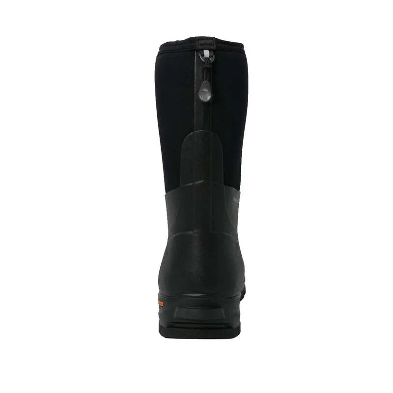 Black rubber boot with a zipper on a white background