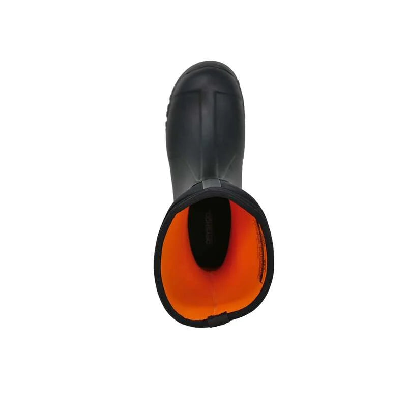 Black rubber boot with orange lining on a white background