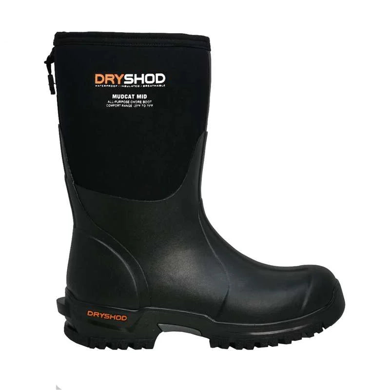Black rubber boot with 'Dryshod' branding on a white background