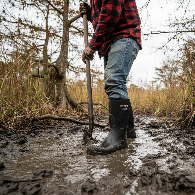 Black rubber boot with 'Dryshod' branding on a white background