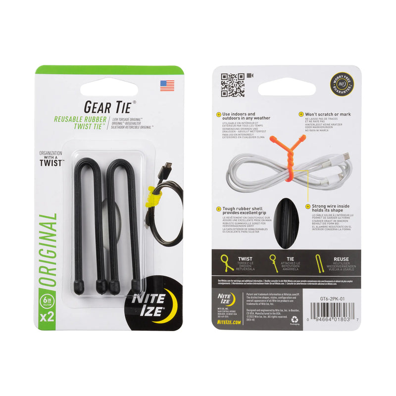 Geartie 6" Cordable Reusable Rubber Twist Tie 2-Pack | Black