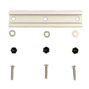 An off-white metal mounting bracket shown with its hardware components, including three silver screws, three silver washers, and three black hex nuts, arranged neatly on a solid white background.