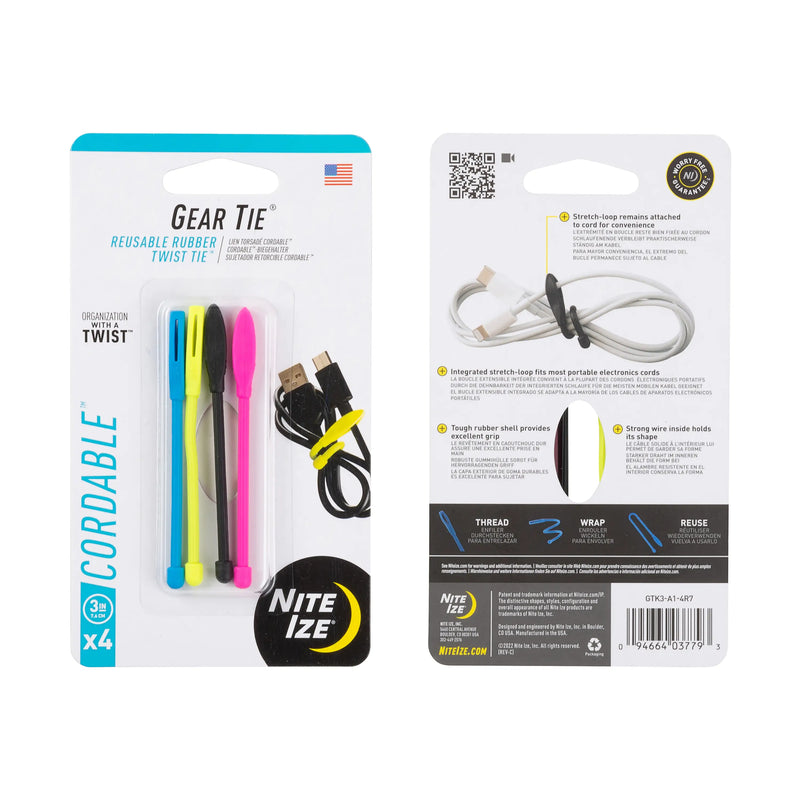 Geartie 3" Cordable Reusable Rubber Twist Tie 4-Pack
