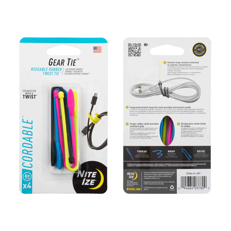 Nite Ize Gear Tie packaging with colorful ties and product details on a white background