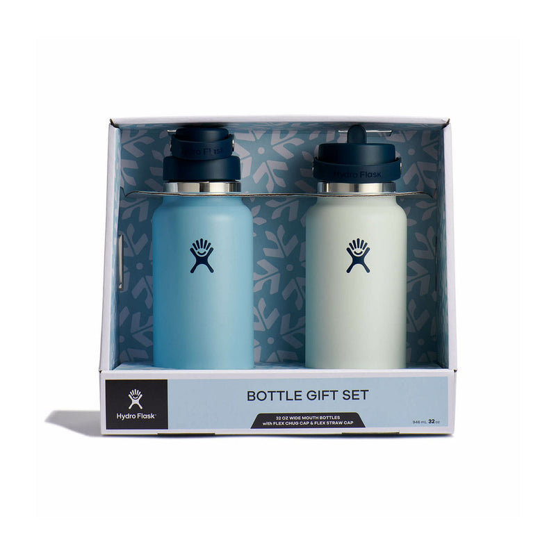 Hydro Flask bottle gift set in a white window box package, featuring one light blue bottle and one pale mint green bottle with dark caps.