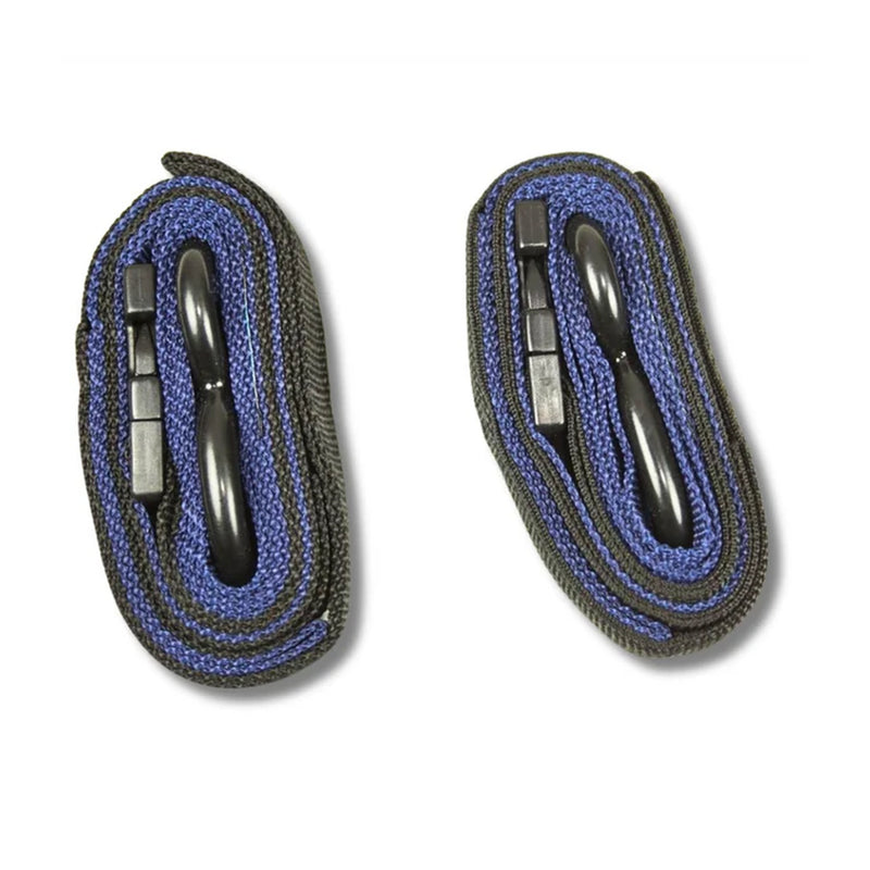 Two coiled black and blue strap assemblies with black plastic quick-release hooks, shown on a plain white background.