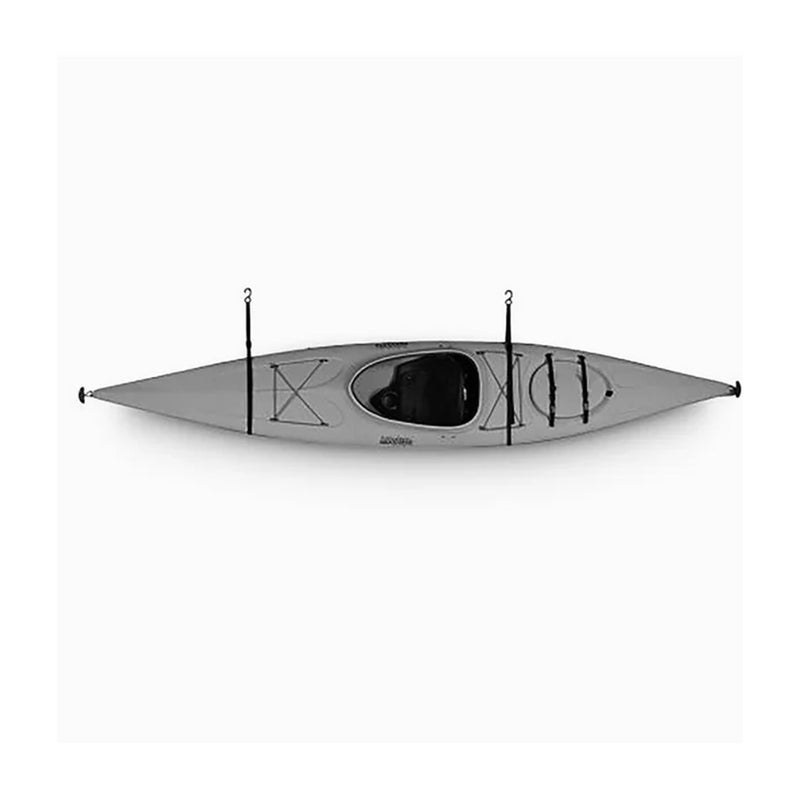 A gray single-person kayak with black accessories and rigging, shown from a top-down view against a plain white background.