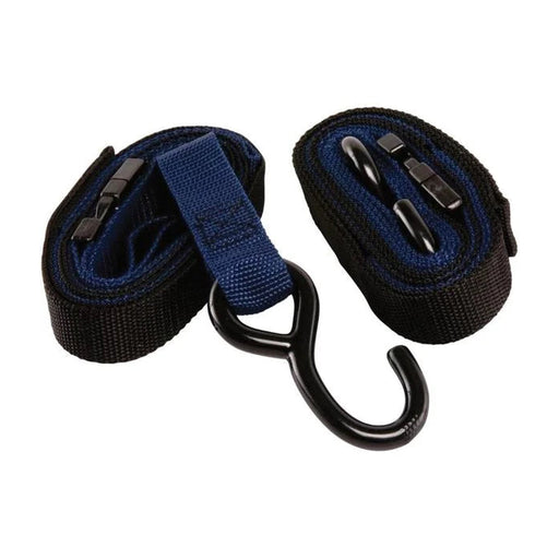 Two black and navy webbed strap bungees with black plastic quick-release hooks, shown on a plain white background.