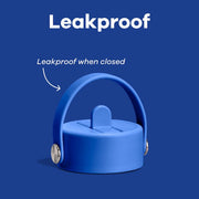 Blue leakproof water bottle cap with a carrying loop, shown on a solid blue background with text reading 'Leakproof' and 'Leakproof when closed'.