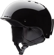 Black helmet with chin strap on a white background