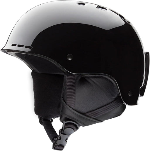 Black helmet with chin strap on a white background