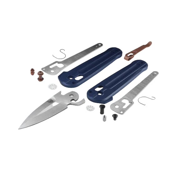 Knife kit with blade, sheath, and accessories on a white background