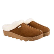 Pair of brown slippers with white fur lining on a white background