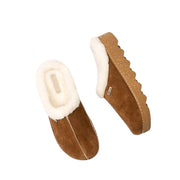 Pair of brown slippers with white fur lining on a white background