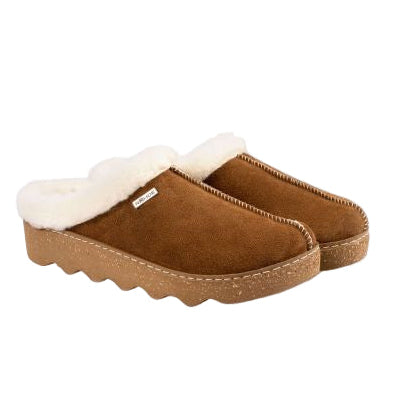 Pair of brown slippers with white fur lining on a white background