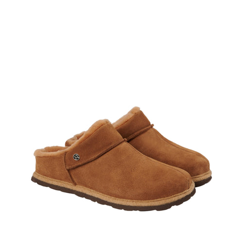 Pair of brown suede slippers on a white background