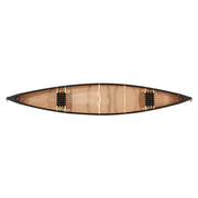 Top view of a canoe with seats and other accessories installed on a white background.
