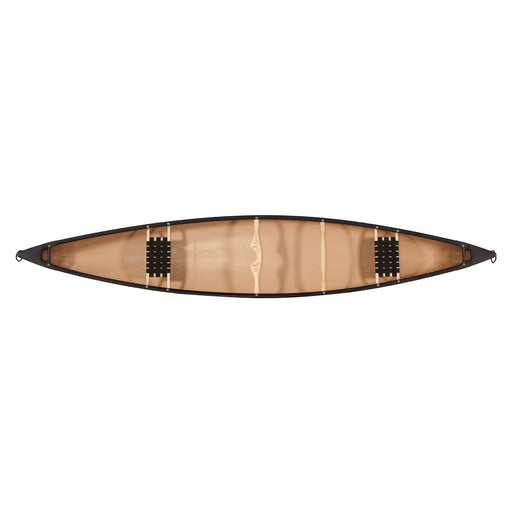 Top view of a canoe with seats and other accessories installed on a white background.