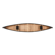 Top view of a canoe with seats and accessories installed on a white background.
