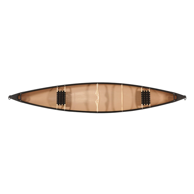 Top view of a canoe with seats and accessories installed on a white background.