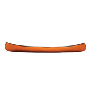 Side view of an orange canoe on a white background.