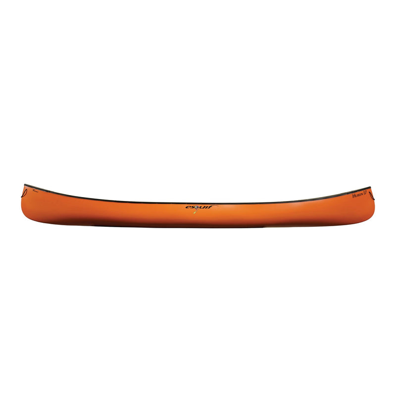Side view of an orange canoe on a white background.