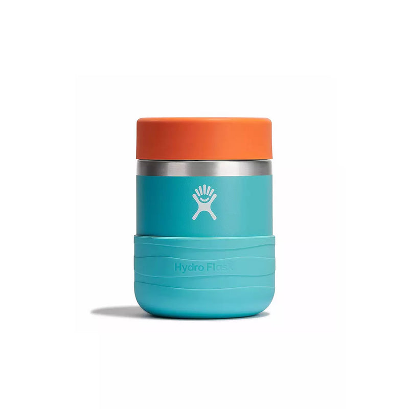 A HydroFlask insulated tumbler with a turquoise body, a bright orange lid, and a silver stainless steel band, shown on a clean white background.