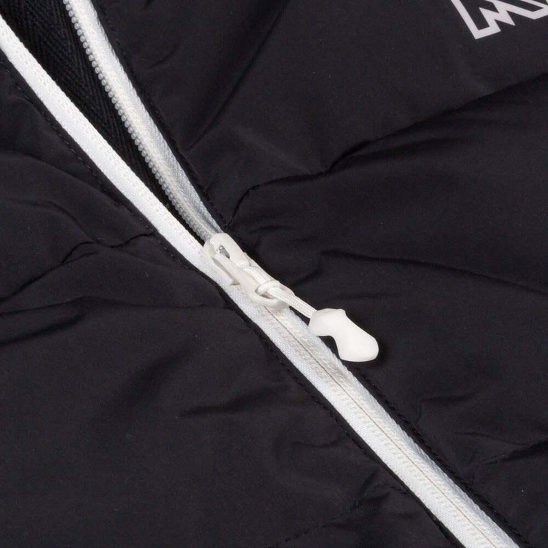 Close-up of a black jacket with a white zipper