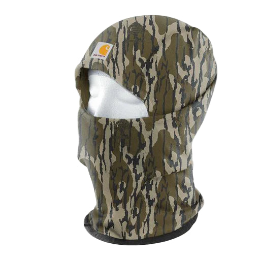Green and tan colored camouflage balaclava against a white background.