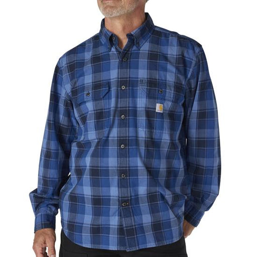 Man wearing a blue plaid shirt on a white background