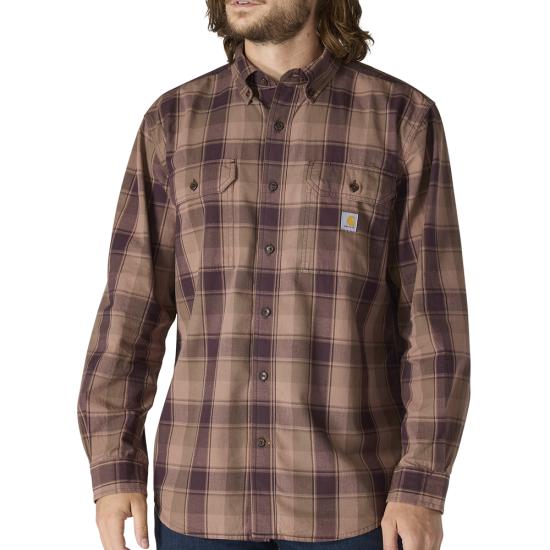 Man wearing a brown plaid shirt with a visible brand logo on a white background