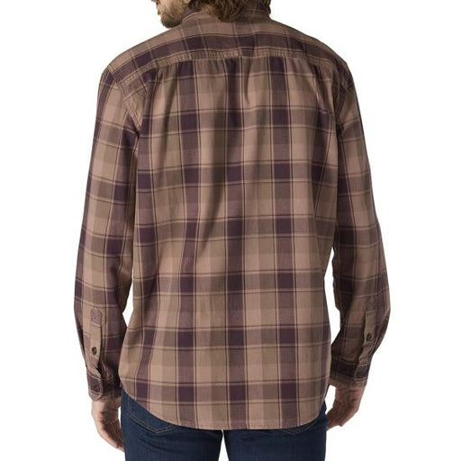 A man viewed from the back wearing a long-sleeve plaid button-up shirt in brown and dark purple tones, paired with blue jeans, against a plain white background.