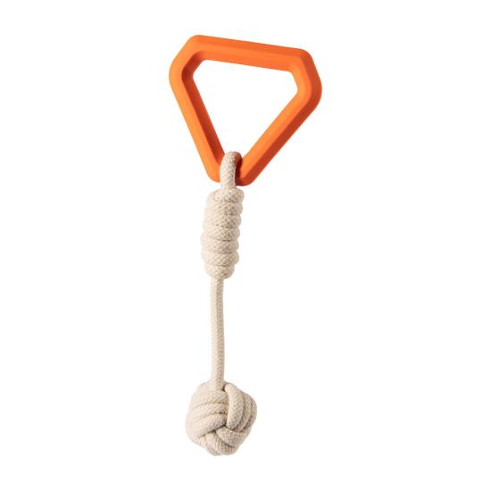 A dog toy with an orange handle and a white rope on a white background