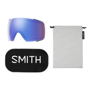 Smith goggles with blue lens, black case, and white pouch on a white background