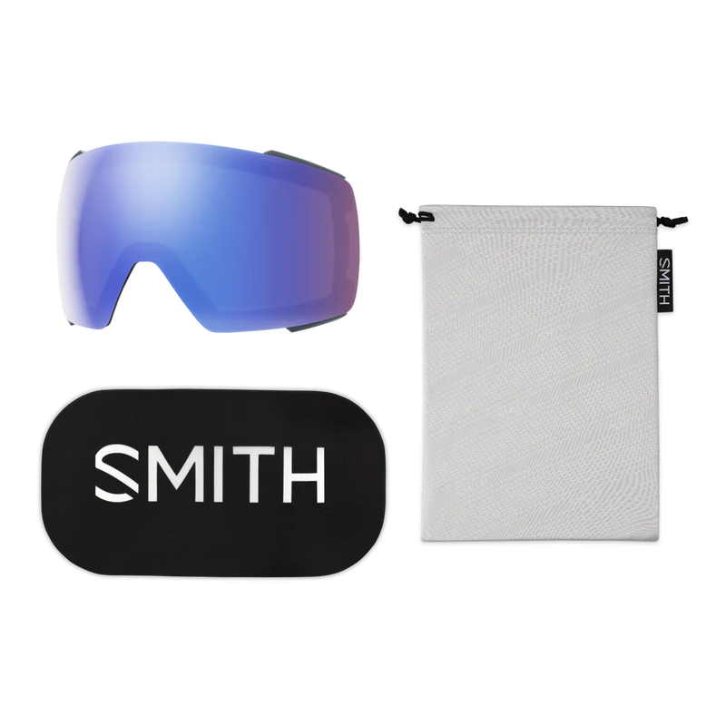 Smith goggles with blue lens, black case, and white pouch on a white background