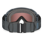 Gray goggles with a black strap on a white background